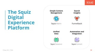 © Squiz 2021 | Public 90
Presentation title goes here|
The Squiz
Digital
Experience
Platform
Simple Content
Management
Search
Insights
Unified
Data
Automation and
Integration
 