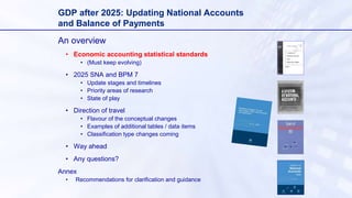 An overview
• Economic accounting statistical standards
• (Must keep evolving)
• 2025 SNA and BPM 7
• Update stages and timelines
• Priority areas of research
• State of play
• Direction of travel
• Flavour of the conceptual changes
• Examples of additional tables / data items
• Classification type changes coming
• Way ahead
• Any questions?
Annex
• Recommendations for clarification and guidance
GDP after 2025: Updating National Accounts
and Balance of Payments
 
