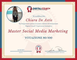 DATA RAPPRESENTANTE LEGALE
Si certifica che:
ha frequentato presso il nostro istituto di formazione
"Digital Coach" il percorso formativo
Chiara De Astis
VOTAZIONE 80/100
16/02/2017
Master Social Media Marketing
 
