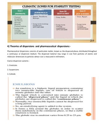 4) Theories of dispersions and pharmaceutical dispersions:-
Pharmaceutical dispersions consists of particulate matter, known as the dispersed phase, distributed throughout
a continuous or dispersion medium. The dispersed material may range in size from particles of atomic and
molecular dimensions to particles whose size is measured in millimeters.
Coarse dispersion systems:-
1. Emulsions
2. Suspensions
3. Colloids
 