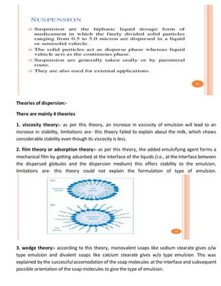 Theories of dispersion:-
There are mainly 4 theories
1. viscosity theory:- as per this theory, an increase in viscosity of emulsion will lead to an
increase in stability, limitations are- this theory failed to explain about the milk, which shows
considerable stability even though its viscosity is less.
2. film theory or adsorption theory:- as per this theory, the added emulsifying agent forms a
mechanical film by getting adsorbed at the interface of the liquids (i.e., at the interface between
the dispersed globules and the dispersion medium) this offers stability to the emulsion,
limitations are- this theory could not explain the formulation of type of emulsion.
3. wedge theory:- according to this theory, monovalent soaps like sodium stearate gives o/w
type emulsion and divalent soaps like calcium stearate gives w/o type emulsion. This was
explained by the successfulaccomodation of the soap molecules at the interface and subsequent
possible orientation of the soap molecules to give the type of emulsion.
 