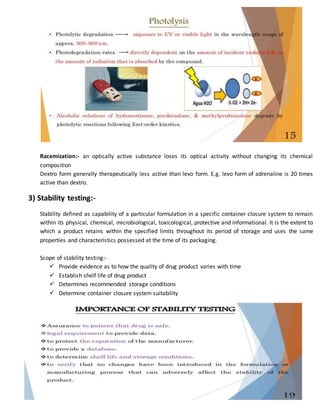 Racemization:- an optically active substance loses its optical activity without changing its chemical
composition
Dextro form generally therapeutically less active than levo form. E.g. levo form of adrenaline is 20 times
active than dextro.
3) Stability testing:-
Stability defined as capability of a particular formulation in a specific container closure system to remain
within its physical, chemical, microbiological, toxicological, protective and informational. It is the extent to
which a product retains within the specified limits throughout its period of storage and uses the same
properties and characteristics possessed at the time of its packaging.
Scope of stability testing:-
 Provide evidence as to how the quality of drug product varies with time
 Establish shelf life of drug product
 Determines recommended storage conditions
 Determine container closure system suitability
 
