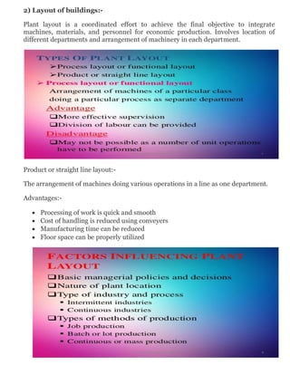 2) Layout of buildings:-
Plant layout is a coordinated effort to achieve the final objective to integrate
machines, materials, and personnel for economic production. Involves location of
different departments and arrangement of machinery in each department.
Product or straight line layout:-
The arrangement of machines doing various operations in a line as one department.
Advantages:-
 Processing of work is quick and smooth
 Cost of handling is reduced using conveyers
 Manufacturing time can be reduced
 Floor space can be properly utilized
 