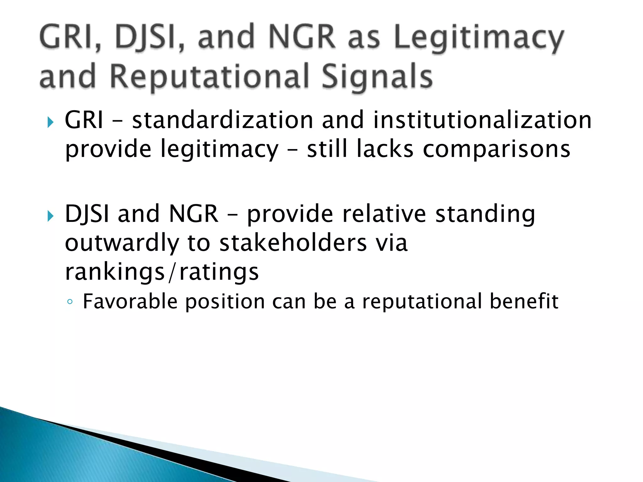 GRI – standardization and institutionalization provide legitimacy – still lacks comparisonsDJSI and NGR – provide relative standing outwardly to stakeholders via rankings/ratingsFavorable position can be a reputational benefitGRI, DJSI, and NGR as Legitimacy and Reputational Signals