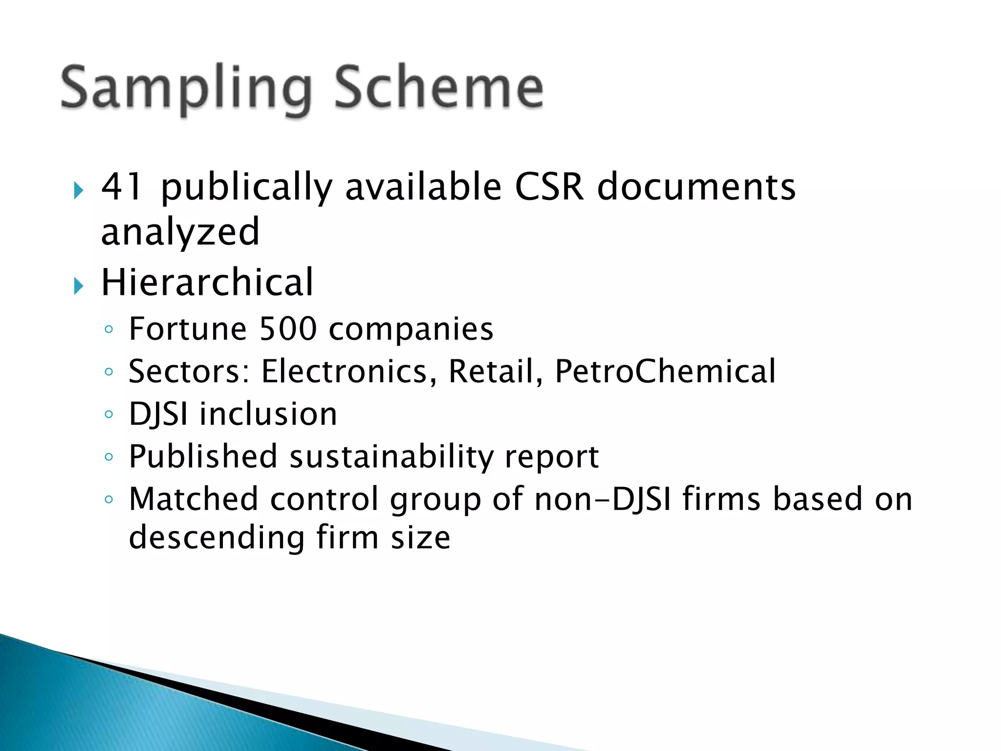 41 publically available CSR documents analyzedHierarchicalFortune 500 companiesSectors: Electronics, Retail, PetroChemicalDJSI inclusionPublished sustainability reportMatched control group of non-DJSI firms based on descending firm sizeSampling Scheme
