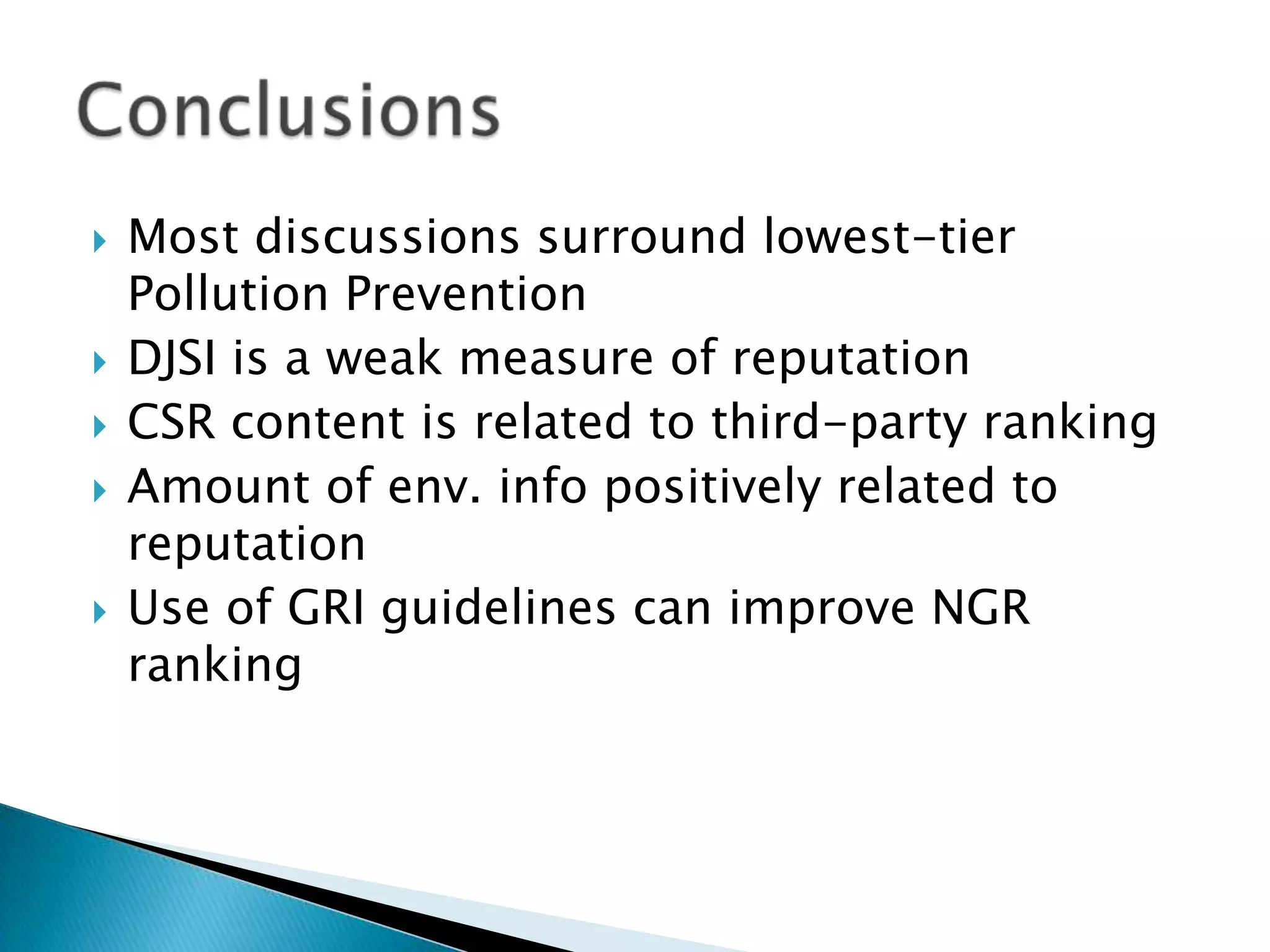 Most discussions surround lowest-tier Pollution PreventionDJSI is a weak measure of reputationCSR content is related to third-party rankingAmount of env. info positively related to reputationUse of GRI guidelines can improve NGR rankingConclusions
