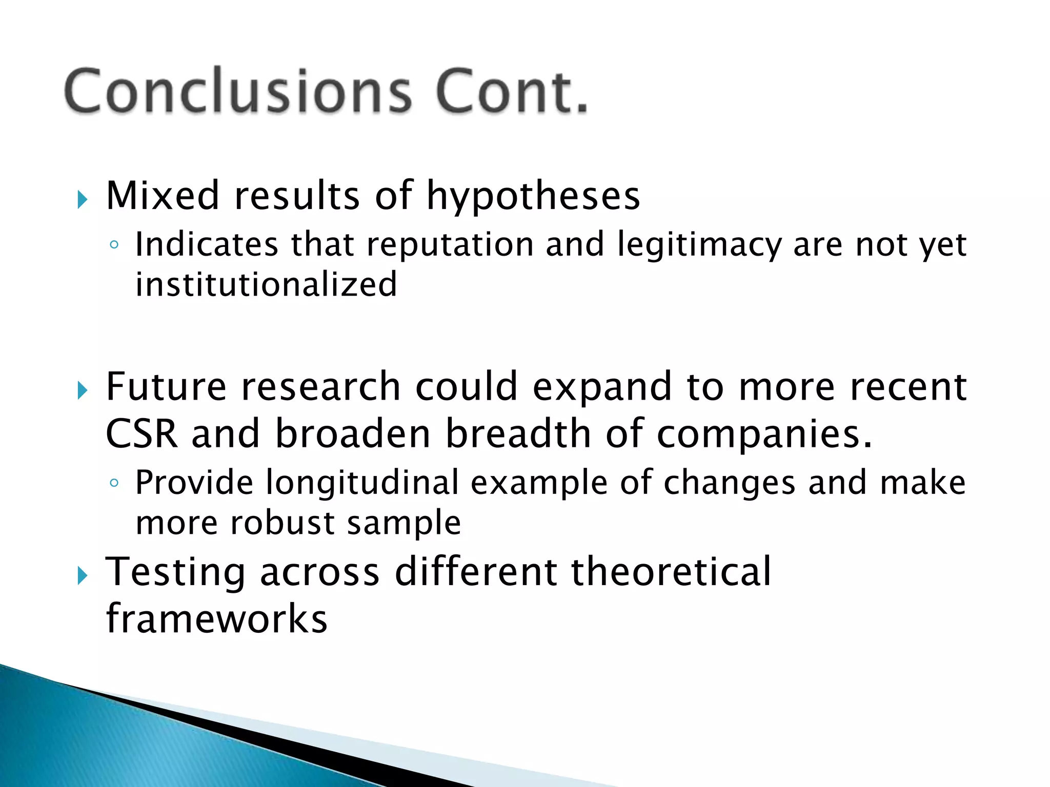 Mixed results of hypothesesIndicates that reputation and legitimacy are not yet institutionalizedFuture research could expand to more recent CSR and broaden breadth of companies.Provide longitudinal example of changes and make more robust sampleTesting across different theoretical frameworksConclusions Cont.