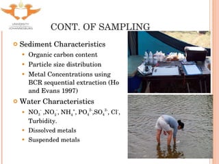 CONT. OF SAMPLING Sediment Characteristics Organic carbon content Particle size distribution Metal Concentrations using BCR sequential extraction (Ho and Evans 1997) Water Characteristics NO 3 -  ,NO 2 - , NH 4 + , PO 4 2- ,SO 4 2- , Cl - , Turbidity. Dissolved metals Suspended metals 