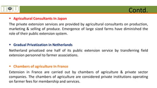 Contd.
 Agricultural Consultants In Japan
The private extension services are provided by agricultural consultants on production,
marketing & selling of produce. Emergence of large sized farms have diminished the
role of their public extension system.
 Gradual Privatization in Netherlands
Netherland privatized one half of its public extension service by transferring field
extension personnel to farmer associations.
 Chambers of agriculture In France
Extension in France are carried out by chambers of agriculture & private sector
companies. The chambers of agriculture are considered private institutions operating
on farmer fees for membership and services.
 