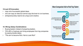 13.Lack Of Innovation
• copy cat of successful global ideas.
• one can copy an idea but cannot copy the brain to run business.
• entrepreneurship need to be unique and creative.
14. Wrong Salary Combinations:
• Buying leaders instead of preparing leaders.
• 70%-80% of startups are hiring employees from big companies
by paying double salary
• "The aim to become Rich, Not to Look Rich"
 