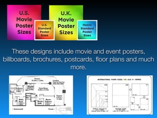 These designs include movie and event posters,
billboards, brochures, postcards, ﬂoor plans and much
more.
 
