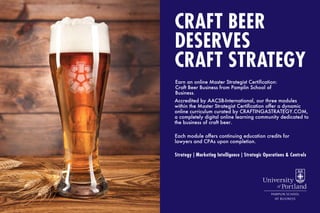 CRAFT BEER
DESERVES
CRAFT STRATEGY
Earn an online Master Strategist Certification:
Craft Beer Business from Pamplin School of
Business.
Accredited by AACSB-International, our three modules
within the Master Strategist Certification offer a dynamic
online curriculum curated by CRAFTINGASTRATEGY.COM,
a completely digital online learning community dedicated to
the business of craft beer.
Each module offers continuing education credits for
lawyers and CPAs upon completion.
Strategy | Marketing Intelligence | Strategic Operations & Controls
 