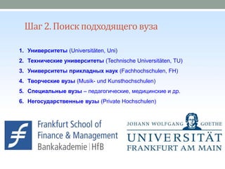 Шаг 2. Поискподходящеговуза
1. Университеты (Universitäten, Uni)
2. Технические университеты (Technische Universitäten, TU)
3. Университеты прикладных наук (Fachhochschulen, FH)
4. Творческие вузы (Musik- und Kunsthochschulen)
5. Специальные вузы – педагогические, медицинские и др.
6. Негосударственные вузы (Private Hochschulen)
 