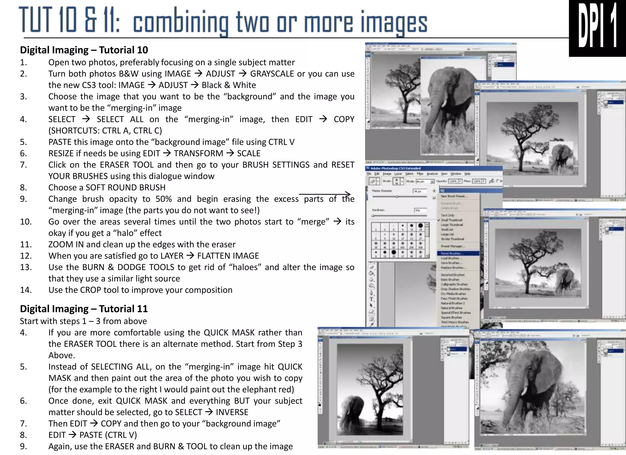 Digital Imaging – Tutorial 10
1.
2.
3.
4.
5.
6.
7.
8.
9.
10.
11.
12.
13.
14.

Open two photos, preferably focusing on a single subject matter
Turn both photos B&W using IMAGE  ADJUST  GRAYSCALE or you can use
the new CS3 tool: IMAGE  ADJUST  Black & White
Choose the image that you want to be the “background” and the image you
want to be the “merging-in” image
SELECT  SELECT ALL on the “merging-in” image, then EDIT  COPY
(SHORTCUTS: CTRL A, CTRL C)
PASTE this image onto the “background image” file using CTRL V
RESIZE if needs be using EDIT  TRANSFORM  SCALE
Click on the ERASER TOOL and then go to your BRUSH SETTINGS and RESET
YOUR BRUSHES using this dialogue window
Choose a SOFT ROUND BRUSH
Change brush opacity to 50% and begin erasing the excess parts of the
“merging-in” image (the parts you do not want to see!)
Go over the areas several times until the two photos start to “merge”  its
okay if you get a “halo” effect
ZOOM IN and clean up the edges with the eraser
When you are satisfied go to LAYER  FLATTEN IMAGE
Use the BURN & DODGE TOOLS to get rid of “haloes” and alter the image so
that they use a similar light source
Use the CROP tool to improve your composition

Digital Imaging – Tutorial 11
Start with steps 1 – 3 from above
4.
If you are more comfortable using the QUICK MASK rather than
the ERASER TOOL there is an alternate method. Start from Step 3
Above.
5.
Instead of SELECTING ALL, on the “merging-in” image hit QUICK
MASK and then paint out the area of the photo you wish to copy
(for the example to the right I would paint out the elephant red)
6.
Once done, exit QUICK MASK and everything BUT your subject
matter should be selected, go to SELECT  INVERSE
7.
Then EDIT  COPY and then go to your “background image”
8.
EDIT  PASTE (CTRL V)
9.
Again, use the ERASER and BURN & TOOL to clean up the image

 