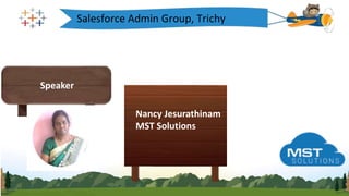 Salesforce Admin Group, Trichy
Speaker
Nancy Jesurathinam
MST Solutions
 