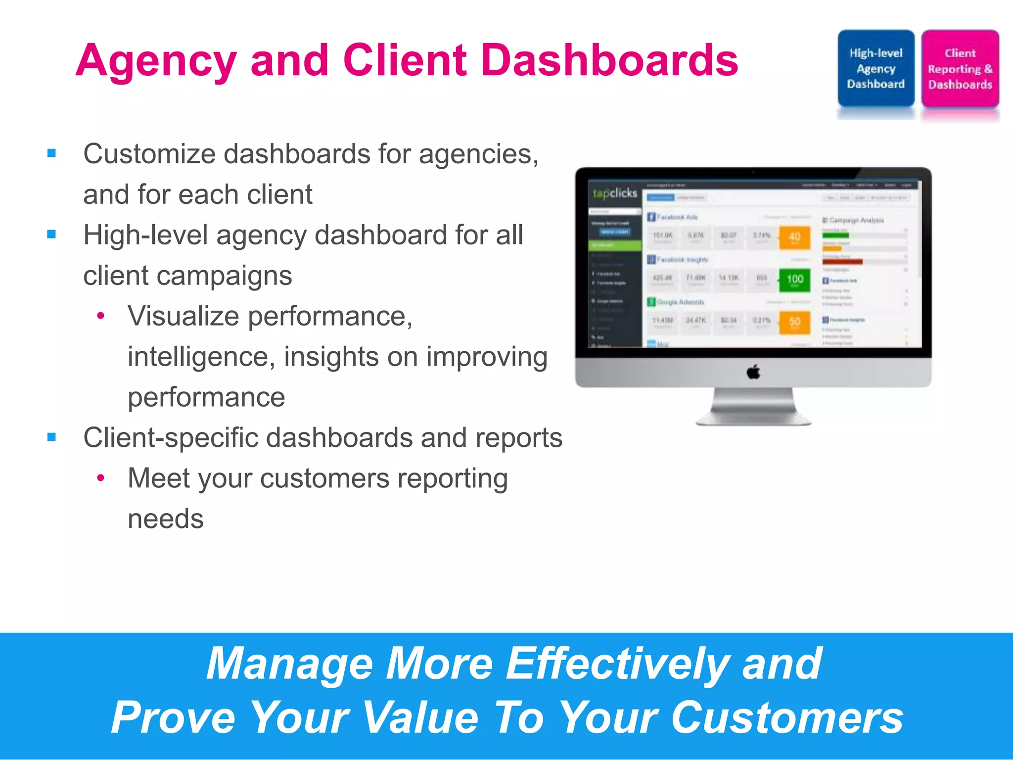 Agency and Client Dashboards 
 Customize dashboards for agencies, 
and for each client 
 High-level agency dashboard for all 
client campaigns 
• Visualize performance, 
intelligence, insights on improving 
performance 
 Client-specific dashboards and reports 
• Meet your customers reporting 
needs 
Manage More Effectively and 
Prove Your Value To Your Customers 
 