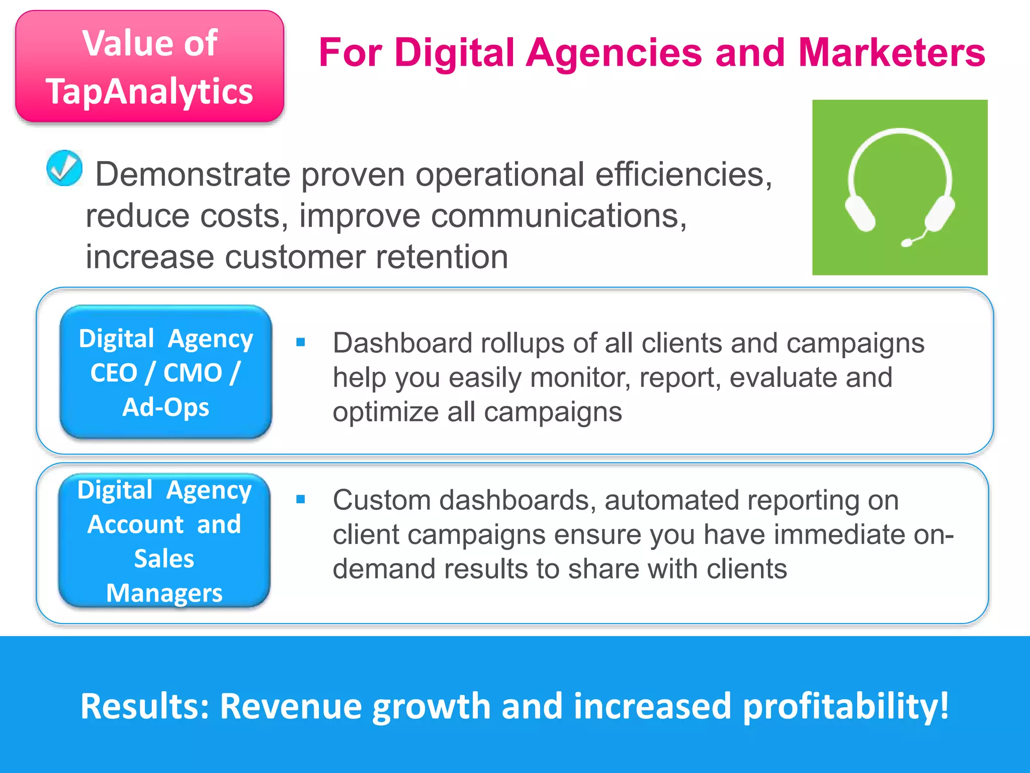 For Digital Agencies and Marketers 
Value of 
TapAnalytics 
Demonstrate proven operational efficiencies, 
reduce costs, improve communications, 
increase customer retention 
Digital Agency 
CEO / CMO / 
Ad-Ops 
Digital Agency 
Account and 
Sales 
Managers 
 Dashboard rollups of all clients and campaigns 
help you easily monitor, report, evaluate and 
optimize all campaigns 
 Custom dashboards, automated reporting on 
client campaigns ensure you have immediate on-demand 
results to share with clients 
Results: Revenue growth and increased profitability! 
 