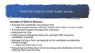 Find the metrics that make sense…
Examples of What to Measure…
• Average # of candidates sourced per hire
• Target should be between 120-150 (~129) for Senior SDEs in an A,B,C market
• % Screened Prospects Accepted for Interview
• Submittals Per Hire
• Cold Outreach (Response Rate) (for example 30% of passive
candidates respond)
• Average # of days from req opened to first candidate accepted by
hiring manager
• Target should be 8 days or less
• Recruiting Cost Ratio (Sum of all recruiting costs divided by full time
staff) Eg. Real Cost Per Hire
 