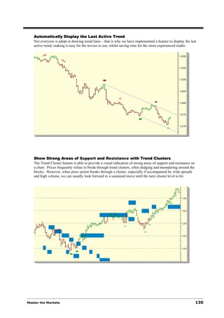 Automatically Display the Last Active Trend
Not everyone is adept at drawing trend lines – that is why we have implemented a feature to display the last
active trend, making it easy for the novice to use, whilst saving time for the more experienced trader.
Show Strong Areas of Support and Resistance with Trend Clusters
The Trend Cluster feature is able to provide a visual indication of strong areas of support and resistance on
a chart. Prices frequently refuse to break through trend clusters, often dodging and meandering around the
blocks. However, when price action breaks through a cluster, especially if accompanied by wide spreads
and high volume, we can usually look forward to a sustained move until the next cluster level is hit.
Master the Markets 130
 