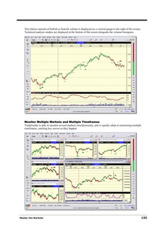 The relative amount of bullish or bearish volume is displayed on a vertical gauge to the right of the screen.
   Technical analysis studies are displayed at the bottom of the screen alongside the volume histogram.




   Monitor Multiple Markets and Multiple Timeframes
   TradeGuider is able to monitor several markets simultaneously, and is equally adept at monitoring multiple
   timeframes, catching key moves as they happen.




Master the Markets                                                                                                 125
 