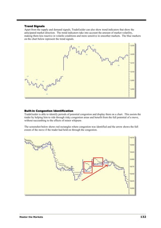 Trend Signals
   Apart from the supply and demand signals, TradeGuider can also show trend indicators that show the
   anticipated market direction. The trend indicators take into account the amount of market volatility,
   making them less reactive in volatile conditions and more sensitive in smoother markets. The blue markers
   on the chart below represent the trend signals.




   Built-in Congestion Identification
   TradeGuider is able to identify periods of potential congestion and display them on a chart. This assists the
   trader by helping him to ride through risky congestion areas and benefit from the full potential of a move,
   without succumbing to the effects of minor whipsaw.

   The screenshot below shows red rectangles where congestion was identified and the arrow shows the full
   extent of the move if the trader had held on through the congestion.




Master the Markets                                                                                             132
 