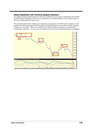 Using TradeGuider with Technical Analysis Indicators
   The supply and demand indicators that are built into TradeGuider can be used in conjunction with standard
   technical analysis techniques. In this way, our indicators are a valuable addition to any trading system, as
   they act as confirmation of a likely move.

   The screenshot below shows TradeGuider’s indicators in conjunction with ADX (yellow markers). In this
   example, the ADX signals appear after the supply and demand indicators, and confirm the likely direction
   of future price movement. There is one ADX signal on the left of the screen that is not confirmed by
   TradeGuider’s indicators – as can be seen, the resultant move from this unconfirmed indicator is negligible.




Master the Markets                                                                                                135
 