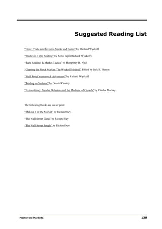 Suggested Reading List

   “How I Trade and Invest in Stocks and Bonds” by Richard Wyckoff

   “Studies in Tape Reading” by Rollo Tape (Richard Wyckoff)

   “Tape Reading & Market Tactics” by Humphrey B. Neill

   “Charting the Stock Market: The Wyckoff Method” Edited by Jack K. Hutson

   “Wall Street Ventures & Adventures” by Richard Wyckoff

   “Trading on Volume” by Donald Cassidy

   “Extraordinary Popular Delusions and the Madness of Crowds” by Charles Mackay




   The following books are out of print:

   “Making it in the Market” by Richard Ney

   “The Wall Street Gang” by Richard Ney

   “The Wall Street Jungle” by Richard Ney




Master the Markets                                                                 138
 