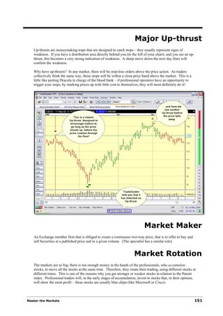 Major Up-thrust
   Up-thrusts are moneymaking traps that are designed to catch stops – they usually represent signs of
   weakness. If you have a distribution area directly behind you (to the left of your chart), and you see an up-
   thrust, this becomes a very strong indication of weakness. A sharp move down the next day (bar) will
   confirm the weakness.

   Why have up-thrusts? In any market, there will be stop-loss orders above the price action. As traders
   collectively think the same way, these stops will be within a close price band above the market. This is a
   little like putting Dracula in charge of the blood bank – if professional operators have an opportunity to
   trigger your stops, by marking prices up with little cost to themselves, they will most definitely do it!




                                                                               Market Maker
   An Exchange member firm that is obliged to create a continuous two-way price, that is to offer to buy and
   sell Securities at a published price and in a given volume. (The specialist has a similar role).


                                                                        Market Rotation
   The markets are so big; there is not enough money in the hands of the professionals, who accumulate
   stocks, to move all the stocks at the same time. Therefore, they rotate their trading, using different stocks at
   different times. This is one of the reasons why you get stronger or weaker stocks in relation to the Parent
   index. Professional traders will, in the early stages of accumulation, invest in stocks that, in their opinion,
   will show the most profit – these stocks are usually blue chips (like Microsoft or Cisco).



Master the Markets                                                                                                 151
 