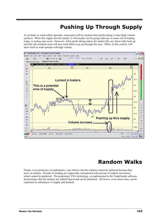 Pushing Up Through Supply
   As an Index or stock rallies upwards, some point will be reached when profit-taking is seen (high volume
   up-bars). When this supply hits the market, it will usually rest by going sideways in some sort of trading
   range, or testing may occur. However, if this profit taking makes the market fall, any future rally back up
   into this old resistance area will now need effort to go up through this area. Effort, in this context, will
   show itself as wide spreads with high volume.




                                                                          Random Walks
   People, even professors of mathematics, may believe that the markets cannot be analysed because they
   move at random. Periods of trending are supposedly interspersed with periods of random movement,
   which cannot be predicted. The proprietary VSA technology, as implemented in the TradeGuider software,
   demonstrates that the markets are indeed logical and can be predicted. All moves, even minor ones, can be
   explained by imbalances of supply and demand.




Master the Markets                                                                                                162
 