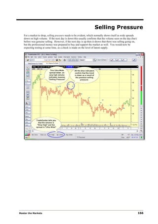 Selling Pressure
   For a market to drop, selling pressure needs to be evident, which normally shows itself as wide spreads
   down on high volume. If the next day is down this usually confirms that the volume seen on the day (bar)
   before was genuine selling. However, if the next day is up then it shows that there was selling going on,
   but the professional money was prepared to buy and support the market as well. You would now be
   expecting testing at some time, as a check is made on the level of latent supply.




Master the Markets                                                                                             166
 