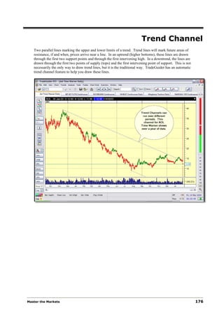 Trend Channel
   Two parallel lines marking the upper and lower limits of a trend. Trend lines will mark future areas of
   resistance, if and when, prices arrive near a line. In an uptrend (higher bottoms), these lines are drawn
   through the first two support points and through the first intervening high. In a downtrend, the lines are
   drawn through the first two points of supply (tops) and the first intervening point of support. This is not
   necessarily the only way to draw trend lines, but it is the traditional way. TradeGuider has an automatic
   trend channel feature to help you draw these lines.




Master the Markets                                                                                               176
 
