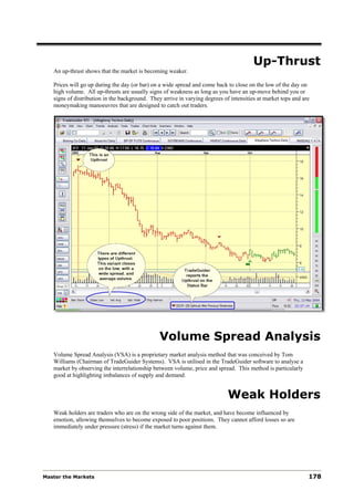 Up-Thrust
   An up-thrust shows that the market is becoming weaker.

   Prices will go up during the day (or bar) on a wide spread and come back to close on the low of the day on
   high volume. All up-thrusts are usually signs of weakness as long as you have an up-move behind you or
   signs of distribution in the background. They arrive in varying degrees of intensities at market tops and are
   moneymaking manoeuvres that are designed to catch out traders.




                                                Volume Spread Analysis
   Volume Spread Analysis (VSA) is a proprietary market analysis method that was conceived by Tom
   Williams (Chairman of TradeGuider Systems). VSA is utilised in the TradeGuider software to analyse a
   market by observing the interrelationship between volume, price and spread. This method is particularly
   good at highlighting imbalances of supply and demand.


                                                                             Weak Holders
   Weak holders are traders who are on the wrong side of the market, and have become influenced by
   emotion, allowing themselves to become exposed to poor positions. They cannot afford losses so are
   immediately under pressure (stress) if the market turns against them.




Master the Markets                                                                                             178
 