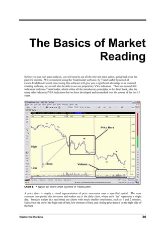 The Basics of Market
                   Reading
   Before you can start your analysis, you will need to see all the relevant price action, going back over the
   past few months. We recommend using the TradeGuider software, by TradeGuider Systems Ltd
   (www.TradeGuider.com), since using this software will give you a significant advantage over standard
   charting software, as you will also be able to see our proprietary VSA indicators. There are around 400
   indicators built into TradeGuider, which utilise all the introductory principles in this brief book, plus the
   many other advanced VSA indicators that we have developed and researched over the course of the last 15
   years.




   Chart 1: A typical bar chart (chart courtesy of TradeGuider)


   A price chart is simply a visual representation of price movement over a specified period. The most
   common time period that investors and traders use is the daily chart, where each ‘bar’ represents a single
   day. Intraday traders (i.e. real-time) use charts with much smaller timeframes, such as 1 and 2 minutes.
   Each price bar shows the high (top of bar), low (bottom of bar), and closing price (notch on the right side of
   the bar).



Master the Markets                                                                                                  26
 