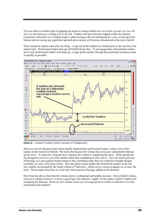 You can observe similar types of gapping-up action in strong markets too, but in this second case you will
   have an old (sideways) trading area to the left. Traders who have become trapped within the channel
   (sometimes referred to as a ‘trading range’), either buying at the top and hoping for a rise, or buying at the
   bottom and not seeing any significant upwards price action, will become demoralised at the lack of profit.

   These locked-in traders want only one thing – to get out of the market at a similar price to the one they first
   started with. Professional traders that are still bullish know this. To encourage these old locked-in traders
   not to sell, professional traders will mark-up , or gap up the market, through these potential resistance areas
   as quickly as possible.




   Chart 3: Locked-in traders (chart courtesy of TradeGuider)

   Here you can see that prices have been rapidly marked up by professional traders, whose view of the
   market at that moment is bullish. We know this because the volume has increased, substantially backing
   up the move. It cannot be a trap up-move, because the volume is supporting the move. Wide spreads up
   are designed to lock you out of the market rather than attempting to suck you in. This will tend to put you
   off buying, as it goes against human nature to buy something today that you could have bought cheaper
   yesterday, or even a few hours earlier. This also panics those traders that shorted the market on the last
   low, usually encouraged by the timely release of ‘bad news’, which always seems to appear on, or near, the
   lows. These traders now have to cover their short position (buying), adding to the demand.

   Note from the above chart that the volume shows a substantial and healthy increase – this is bullish volume.
   Excessive volume, however, is never a good sign; this indicates ‘supply’ in the market, which is liable to be
   swamping the demand. However, low volume warns you of a trap up-move (which is indicative of a lack
   of demand in the market).




Master the Markets                                                                                                   29
 