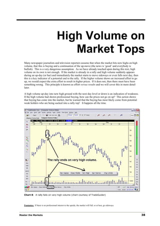 High Volume on
                                             Market Tops
   Many newspaper journalists and television reporters assume that when the market hits new highs on high
   volume, that this is buying and a continuation of the up-move (the news is ‘good’ and everybody is
   bullish). This is a very dangerous assumption. As we have already touched upon during this text, high
   volume on its own is not enough. If the market is already in a rally and high volume suddenly appears
   during an up-day (or bar) and immediately the market starts to move sideways or even falls next day, then
   this is a key indicator of a potential end to the rally. If the higher volume shows an increased effort to go
   up, we would expect the extra effort to result in higher prices. If it does not, then there must have been
   something wrong. This principle is known as effort versus results and we will cover this in more detail
   later.

   A high volume up-day into new high ground with the next day level or down is an indication of weakness.
   If the high volume had shown professional buying, how can the prices not go on up? This action shows
   that buying has come into the market, but be warned that the buying has most likely come from potential
   weak holders who are being sucked into a rally top! It happens all the time.




   Chart 8: A rally fails on very high volume (chart courtesy of TradeGuider)



   Footnotes: If there is no professional interest to the upside, the market will fall, or at best, go sideways.



Master the Markets                                                                                                 38
 