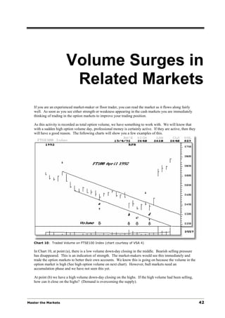 Volume Surges in
                         Related Markets
   If you are an experienced market-maker or floor trader, you can read the market as it flows along fairly
   well. As soon as you see either strength or weakness appearing in the cash markets you are immediately
   thinking of trading in the option markets to improve your trading position.

   As this activity is recorded as total option volume, we have something to work with. We will know that
   with a sudden high option volume day, professional money is certainly active. If they are active, then they
   will have a good reason. The following charts will show you a few examples of this.




   Chart 10: Traded Volume on FTSE100 Index (chart courtesy of VSA 4)

   In Chart 10, at point (a), there is a low volume down-day closing in the middle. Bearish selling pressure
   has disappeared. This is an indication of strength. The market-makers would see this immediately and
   trade the option markets to better their own accounts. We know this is going on because the volume in the
   option market is high (See high option volume on next chart). However, bull markets need an
   accumulation phase and we have not seen this yet.

   At point (b) we have a high volume down-day closing on the highs. If the high volume had been selling,
   how can it close on the highs? (Demand is overcoming the supply).




Master the Markets                                                                                               42
 