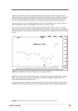 At point (c) the volume is just above average, but look at the narrow price spread! To create a narrow
   spread on a down-day, the market-makers must be buying or absorbing most of the sell orders coming on to
   the market, preventing the price from falling. Note how the prices are refusing to fall to the lower trend
   line, which is also an indication of strength. The buying at points (b) & (c) is preventing lower prices.

   At point (d) we have a 'test', down during the day to close on or near the highs, on low volume. After we
   have seen absorption volume in the background, this must be a strong buy signal.

   The next chart is the same as Chart 10, apart from the method of showing volume. Chart 11 is showing
   options volume for the FTSE index. Note the difference in the indicators. This chart shows high activity in
   the options market. Those professionals who know what is going on are taking positions for the anticipated
   move up.




   Chart 11: Total Options Volume for FTSE Index (chart courtesy of VSA 4)



   Markets will always seek the path of least resistance. It takes selling to push any market down. Selling is
   always seen as an increase in volume on down-days (or down-bars). Therefore, if there is little or no
   selling, then the path of least resistance is up!

   The professional money would have seen this very quickly in the cash markets, which is why they started
   to trade the futures and option markets to better their trading positions in the expectation of higher prices.




   Footnotes: Remember, a high volume of trading in the option markets always indicates professional activity.



Master the Markets                                                                                                  43
 