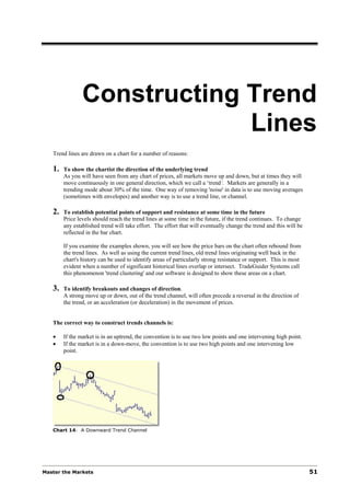 Constructing Trend
                             Lines
   Trend lines are drawn on a chart for a number of reasons:

   1.   To show the chartist the direction of the underlying trend
        As you will have seen from any chart of prices, all markets move up and down, but at times they will
        move continuously in one general direction, which we call a ‘trend‘. Markets are generally in a
        trending mode about 30% of the time. One way of removing 'noise' in data is to use moving averages
        (sometimes with envelopes) and another way is to use a trend line, or channel.

   2.   To establish potential points of support and resistance at some time in the future
        Price levels should reach the trend lines at some time in the future, if the trend continues. To change
        any established trend will take effort. The effort that will eventually change the trend and this will be
        reflected in the bar chart.

        If you examine the examples shown, you will see how the price bars on the chart often rebound from
        the trend lines. As well as using the current trend lines, old trend lines originating well back in the
        chart's history can be used to identify areas of particularly strong resistance or support. This is most
        evident when a number of significant historical lines overlap or intersect. TradeGuider Systems call
        this phenomenon 'trend clustering' and our software is designed to show these areas on a chart.

   3.   To identify breakouts and changes of direction.
        A strong move up or down, out of the trend channel, will often precede a reversal in the direction of
        the trend, or an acceleration (or deceleration) in the movement of prices.


   The correct way to construct trends channels is:

   •    If the market is in an uptrend, the convention is to use two low points and one intervening high point.
   •    If the market is in a down-move, the convention is to use two high points and one intervening low
        point.




   Chart 14: A Downward Trend Channel




Master the Markets                                                                                                  51
 