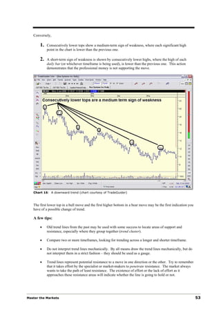 Conversely,

       1.   Consecutively lower tops show a medium-term sign of weakness, where each significant high
            point in the chart is lower than the previous one.

       2.   A short-term sign of weakness is shown by consecutively lower highs, where the high of each
            daily bar (or whichever timeframe is being used), is lower than the previous one. This action
            demonstrates that the professional money is not supporting the move.




   Chart 16: A downward trend (chart courtesy of TradeGuider)



   The first lower top in a bull move and the first higher bottom in a bear move may be the first indication you
   have of a possible change of trend.

   A few tips:

       •    Old trend lines from the past may be used with some success to locate areas of support and
            resistance, especially where they group together (trend cluster).

       •    Compare two or more timeframes, looking for trending across a longer and shorter timeframe.

       •    Do not interpret trend lines mechanically. By all means draw the trend lines mechanically, but do
            not interpret them in a strict fashion – they should be used as a gauge.

       •    Trend lines represent potential resistance to a move in one direction or the other. Try to remember
            that it takes effort by the specialist or market-makers to penetrate resistance. The market always
            wants to take the path of least resistance. The existence of effort or the lack of effort as it
            approaches these resistance areas will indicate whether the line is going to hold or not.




Master the Markets                                                                                                 53
 