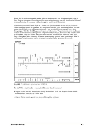As you will see, professional traders want to test or to cross resistance with the least amount of effort to
   them. To cross resistance will cost the specialist money which they want to avoid. Note how the highs and
   lows may be testing the resistance, but the closing price tends to avoid the clusters.

   To penetrate old resistance, there might be a sudden wide spread down-bar on high (but not excessive)
   volume, punching through the resistance, or a gap down over it (this is like jumping the hedge). You may
   see the price drift sideways, and then amble through a gap, or you might observe a rapid move down
   through a gap. Why this should happen is always open to discussion. The professionals in the markets are
   aware of resistance levels, not through some complex theoretical analysis, but because they have the orders
   on their books. They have sight of both sides of the market as the orders from around the world arrive.
   They will also know when it becomes difficult to attract business at certain prices (no demand). What we
   can be sure of is that resistance to price movement is a reality whether upwards or downwards.




   Chart 23: Trend Clusters (chart courtesy of VSA 4)


   The S&P500 is a liquid market – even so, it still does not like old 'resistance‘.

   • At point (a), the market is driven up and through the resistance. Note how the price tends to want to
     avoid resistance, especially the closing price.

   • At point (b), the price is again driven down and through the resistance.




Master the Markets                                                                                                62
 