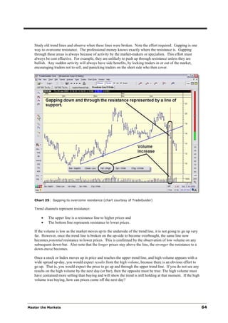 Study old trend lines and observe when these lines were broken. Note the effort required. Gapping is one
   way to overcome resistance. The professional money knows exactly where the resistance is. Gapping
   through these areas is always because of activity by the market-makers or specialists. This effort must
   always be cost effective. For example, they are unlikely to push up through resistance unless they are
   bullish. Any sudden activity will always have side benefits, by locking traders in or out of the market,
   encouraging traders not to sell, and panicking traders on the short side who then cover.




   Chart 25: Gapping to overcome resistance (chart courtesy of TradeGuider)

   Trend channels represent resistance:

       •    The upper line is a resistance line to higher prices and
       •    The bottom line represents resistance to lower prices.

   If the volume is low as the market moves up to the underside of the trend line, it is not going to go up very
   far. However, once the trend line is broken on the up-side to become overbought, the same line now
   becomes potential resistance to lower prices. This is confirmed by the observation of low volume on any
   subsequent down-bar. Also note that the longer prices stay above the line, the stronger the resistance to a
   down-move becomes.

   Once a stock or Index moves up in price and reaches the upper trend line, and high volume appears with a
   wide spread up-day, you would expect results from the high volume, because there is an obvious effort to
   go up. That is, you would expect the price to go up and through the upper trend line. If you do not see any
   results on the high volume by the next day (or bar), then the opposite must be true: The high volume must
   have contained more selling than buying and will show the trend is still holding at that moment. If the high
   volume was buying, how can prices come off the next day?




Master the Markets                                                                                                 64
 