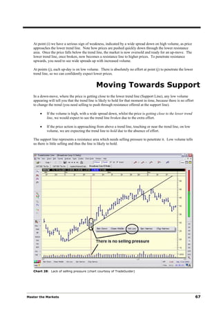 At point (i) we have a serious sign of weakness, indicated by a wide spread down on high volume, as price
   approaches the lower trend line. Note how prices are pushed quickly down through the lower resistance
   area. Once the price falls below the trend line, the market is now oversold and ready for an up-move. The
   lower trend line, once broken, now becomes a resistance line to higher prices. To penetrate resistance
   upwards, you need to see wide spreads up with increased volume.

   At points (j), each up-day is on low volume. There is absolutely no effort at point (j) to penetrate the lower
   trend line, so we can confidently expect lower prices.


                                               Moving Towards Support
   In a down-move, where the price is getting close to the lower trend line (Support Line), any low volume
   appearing will tell you that the trend line is likely to hold for that moment in time, because there is no effort
   to change the trend (you need selling to push through resistance offered at the support line).

       •    If the volume is high, with a wide spread down, whilst the price is getting close to the lower trend
            line, we would expect to see the trend line broken due to the extra effort.

       •    If the price action is approaching from above a trend line, touching or near the trend line, on low
            volume, we are expecting the trend line to hold due to the absence of effort.

   The support line represents a resistance area which needs selling pressure to penetrate it. Low volume tells
   us there is little selling and thus the line is likely to hold.




   Chart 28: Lack of selling pressure (chart courtesy of TradeGuider)




Master the Markets                                                                                                     67
 