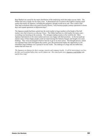 Bear Markets are caused by the major distribution of the underlying stock that makes up any index. The
   Nikkei had seen a steady rise for many years. A phenomenal rise occurred in the Eighties creating a bull
   market that nearly all Japanese, including the gangsters, thought would never end. How could it end?
   They had overlooked what every good executive knows, “wise business people contract operations in boom
   days and expand operations in depression days”.

   The Japanese people had been sucked into the stock market in huge numbers at the height of the bull
   market, into what is known as a Buying Climax. The Nikkei had been in a bull market for many years –
   everything was booming in the economy. The strongest trading country in the world by far! Most
   Japanese had interests in the stock market and were very happy with their positions. As the last push-up
   started, many of these happy people could not stand missing this fantastic bargain and bought even more
   holdings. They were encouraged to borrow heavily to get in on more action. This thought process, which
   was repeated many times throughout the country, gave the professional traders the opportunity to sell
   (distribute) huge holdings over a period of several weeks. The makings of a huge and inevitable bear
   market had now been set.

   The Japanese are famous for their courage, tenacity and company loyalty. It will be interesting to see how
   far they can be pushed before they can be shaken out. How much pain can a Japanese weak holder take
   and for how long?




Master the Markets                                                                                              82
 