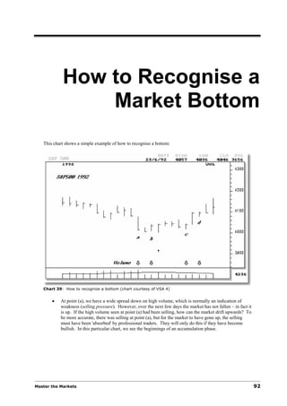 How to Recognise a
                Market Bottom
   This chart shows a simple example of how to recognise a bottom:




   Chart 39: How to recognize a bottom (chart courtesy of VSA 4)


       •   At point (a), we have a wide spread down on high volume, which is normally an indication of
           weakness (selling pressure). However, over the next few days the market has not fallen – in fact it
           is up. If the high volume seen at point (a) had been selling, how can the market drift upwards? To
           be more accurate, there was selling at point (a), but for the market to have gone up, the selling
           must have been 'absorbed' by professional traders. They will only do this if they have become
           bullish. In this particular chart, we see the beginnings of an accumulation phase.




Master the Markets                                                                                               92
 