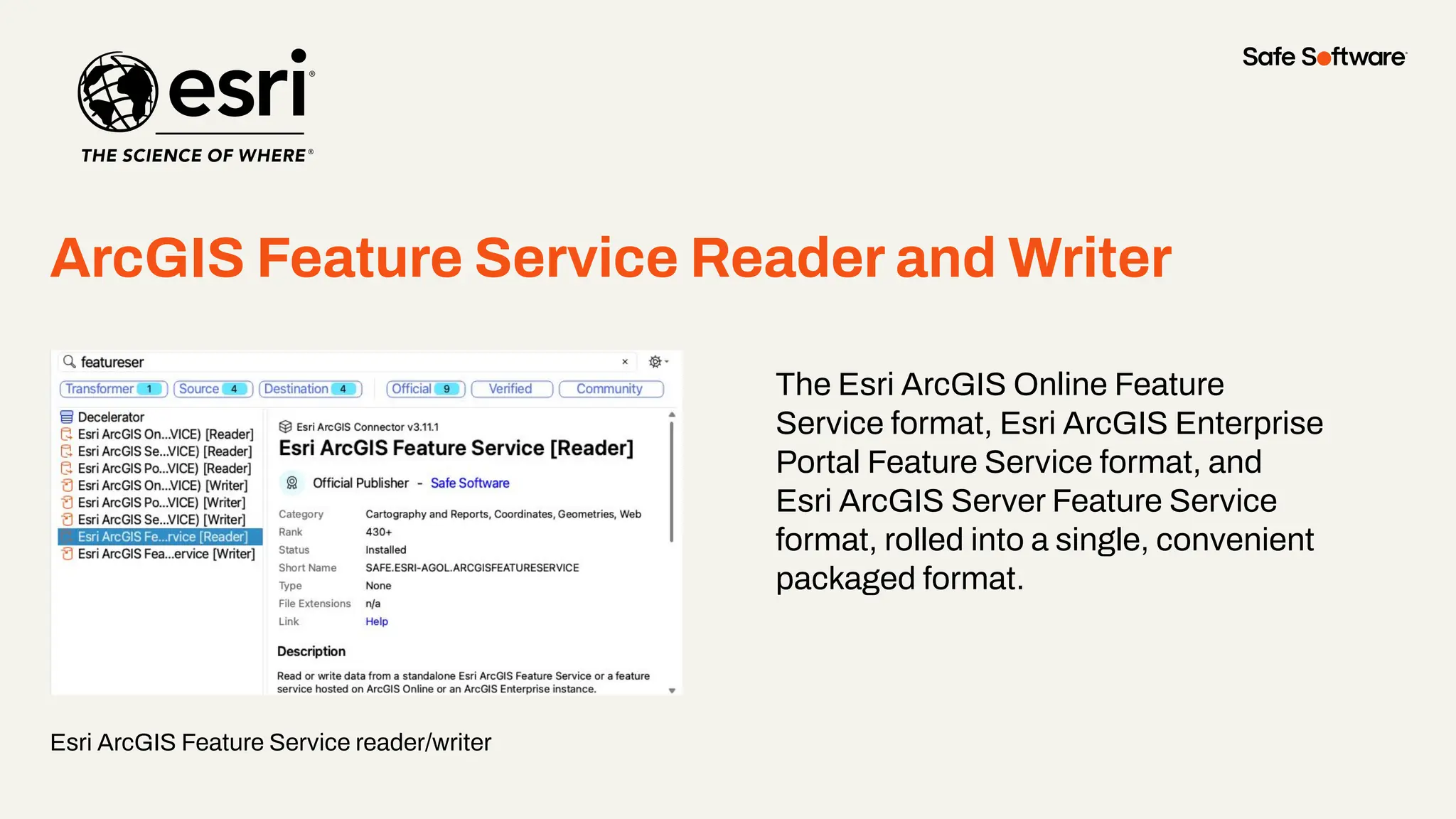 ArcGIS Feature Service Reader and Writer
Esri ArcGIS Feature Service reader/writer
●
The Esri ArcGIS Online Feature
Service format, Esri ArcGIS Enterprise
Portal Feature Service format, and
Esri ArcGIS Server Feature Service
format, rolled into a single, convenient
packaged format.
 