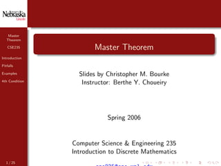 Master
Theorem
CSE235
Introduction
Pitfalls
Examples
4th Condition
Master Theorem
Slides by Christopher M. Bourke
Instructor: Berthe Y. Choueiry
Spring 2006
Computer Science & Engineering 235
Introduction to Discrete Mathematics
1 / 25
 