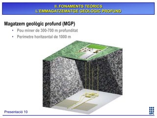 II. FONAMENTS TEÒRICS
L’EMMAGATZEMATGE GEOLÒGIC PROFUND

Magatzem geològic profund (MGP)
• Pou miner de 300-700 m profunditat
• Perímetre horitzontal de 1000 m

Presentació 10

 