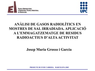 ANÀLISI DE GASOS RADIOLÍTICS EN
MOSTRES DE SAL IRRADIADA. APLICACIÓ
A L’EMMAGATZEMATGE DE RESIDUS
RADIOACTIUS D’ALTA ACTIVITAT
Josep Maria Grosso i Garcia

PROJECTE DE FI DE CARRERA. BARCELONA 2003

 