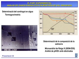 III. PART EXPERIMENTAL
ANÀLISI DE GASOS RADIOLÍTICS EN MOSTRES DE SAL IRRADIADA

Determinació del contingut en aigua
Termogravimetria

Determinació de la composició de la
salmorra
Microanàlisi de Raigs X (SEM-EDS)
Anàlisi de pH/Eh amb elèctrodes
Presentació 34

 
