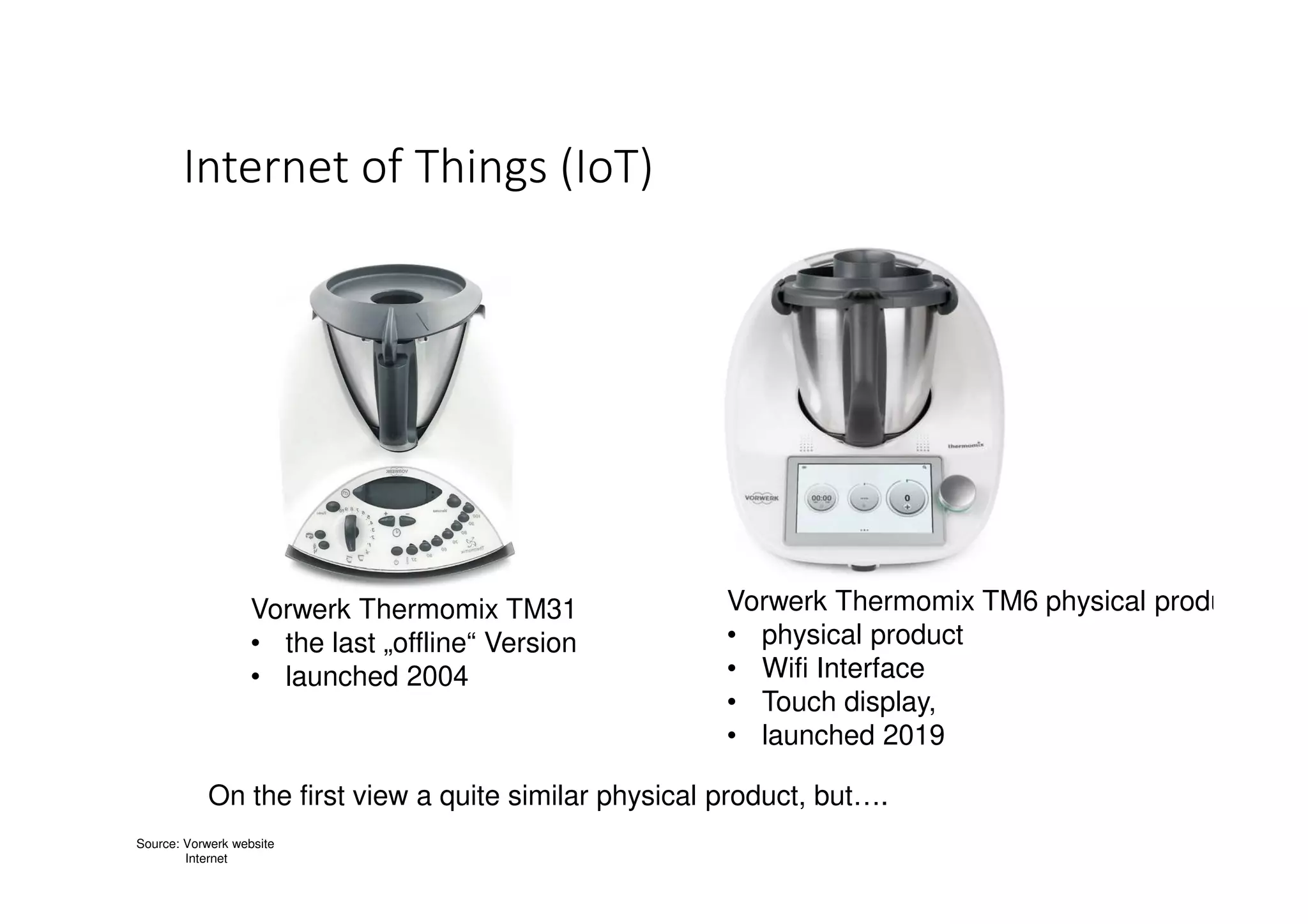 Internet of Things (IoT)
Vorwerk Thermomix TM31
• the last „offline“ Version
• launched 2004
Vorwerk Thermomix TM6 physical product
• physical product
• Wifi Interface
• Touch display,
• launched 2019
On the first view a quite similar physical product, but….
Source: Vorwerk website
Internet
 